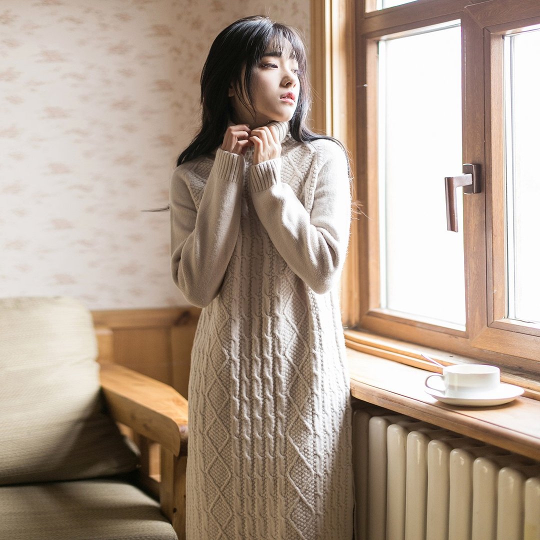 安妮陈2017冬装新款女装侧开叉高领针织连身裙洋装 - 洋装/连衣裙 - 棉 白色