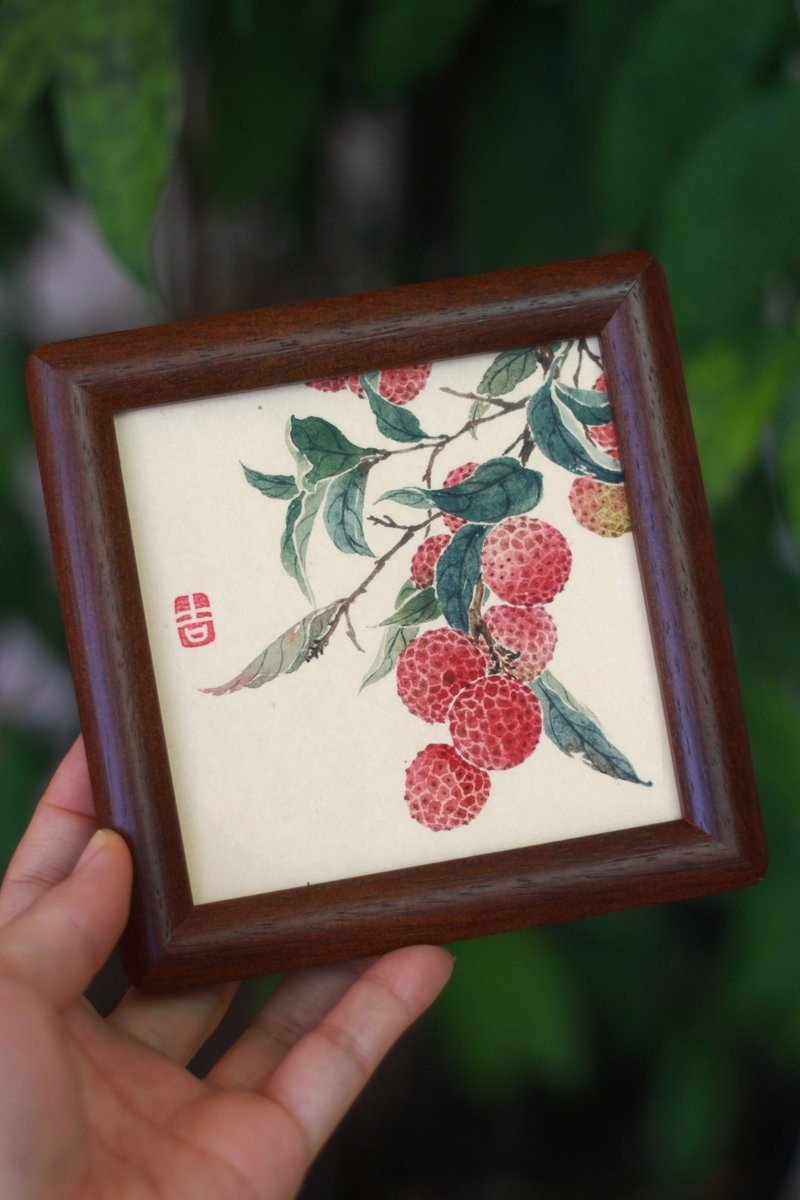 荔枝国画作品集 | 国画原作孤品 | 4寸没骨画 | 中式摆台 | 实木 - 画框/相框 - 纸 白色