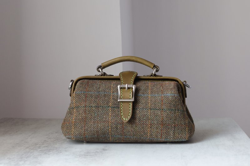 【羊毛拼皮医生包】Harris Tweed 暖到心坎秋冬女士包包橄榄绿 - 侧背包/斜挎包 - 真皮 绿色