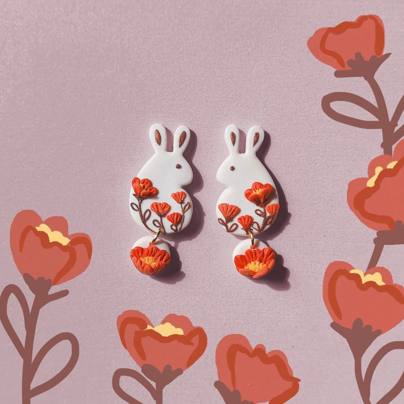 bi rabbit//小白兔牡丹红花手工软陶耳环 - 耳环/耳夹 - 粘土 红色