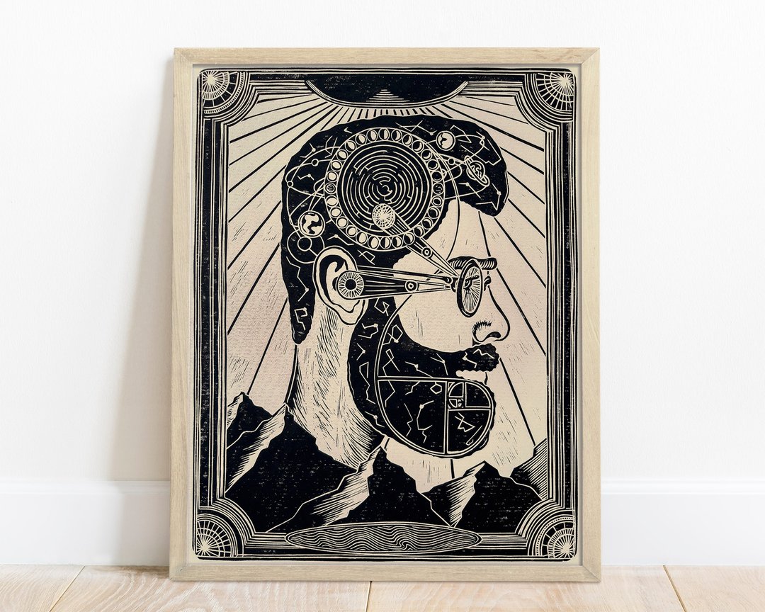 Linocut 版画男性肖像与星座太阳系月相地图艺术 - 海报/装饰画/版画 - 纸 黑色