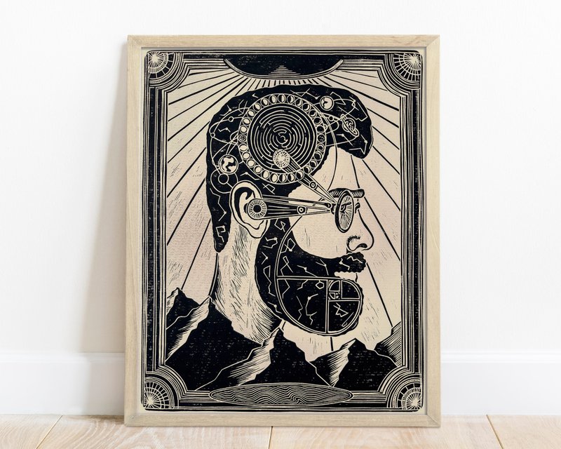 Linocut 版画男性肖像与星座太阳系月相地图艺术 - 海报/装饰画/版画 - 纸 黑色