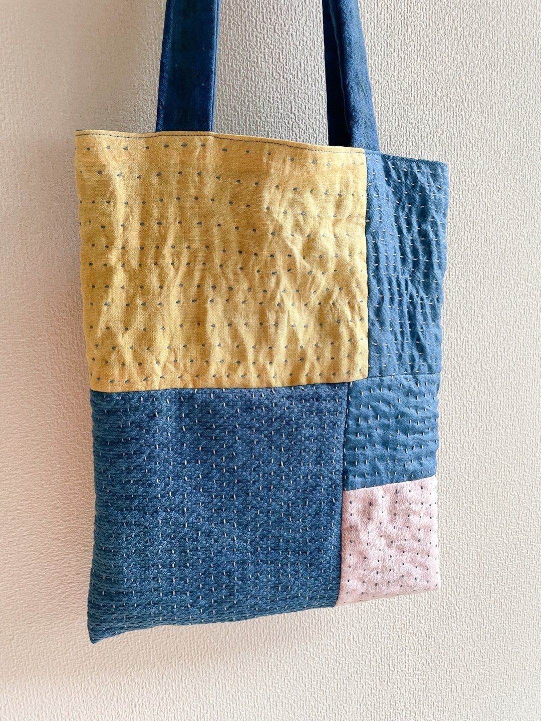 日本制造 蓝染 刺子 Sashiko Patchwork 托特包 柔软亚麻与棉质托特包 升级再造 - 手提包/手提袋 - 棉 蓝色