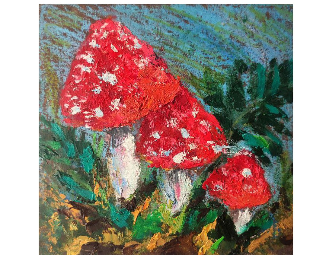 Mushrooms Oil Painting Fly Agaric Original Art Forest Mushroom Artwork - 海报/装饰画/版画 - 其他材质 