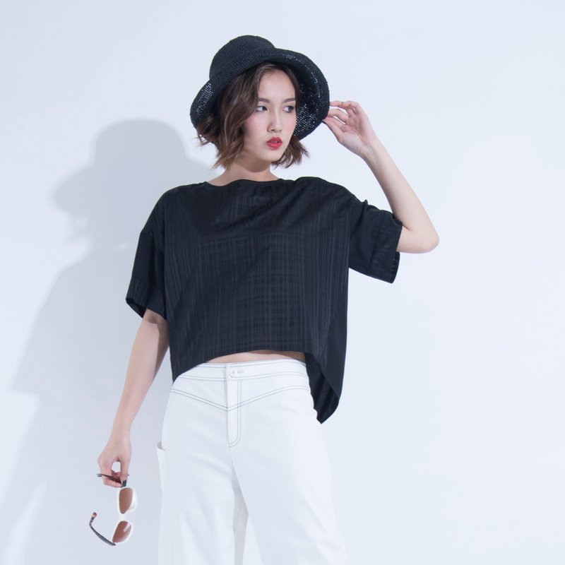 aine ann / 胶原蛋白格纹美肤短上衣 - 黑 - 女装上衣 - 聚酯纤维 黑色