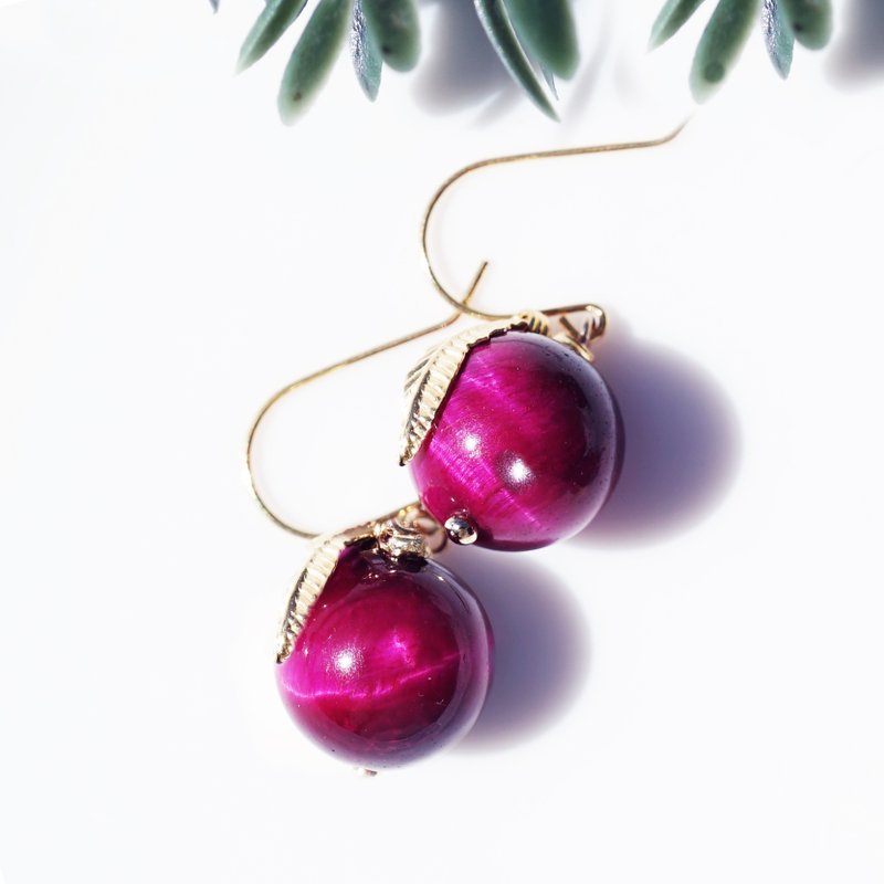 虎眼石与翅膀・医疗级不锈钢耳环 红虎 - 耳环/耳夹 - 宝石 粉红色