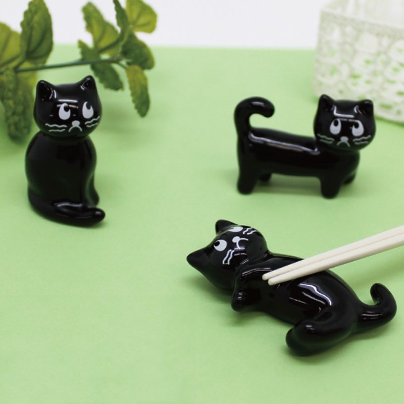 French Cats Chopstick Rest Cute Black Cat Ceramic Cutlery Gift Present Kitchen - 筷子/筷架 - 陶 黑色