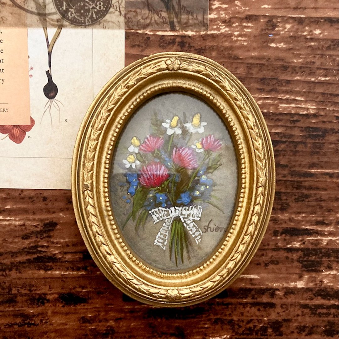 小画春天花痴花束-蓟和勿忘我-，古董，古代风格，绘画， - 海报/装饰画/版画 - 纸 红色