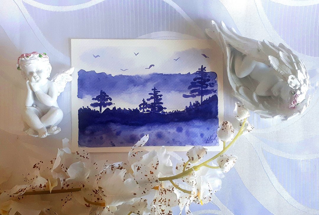 朦胧的丁香森林水彩艺术树木风景抽象绘画 - 墙贴/壁贴 - 纸 多色