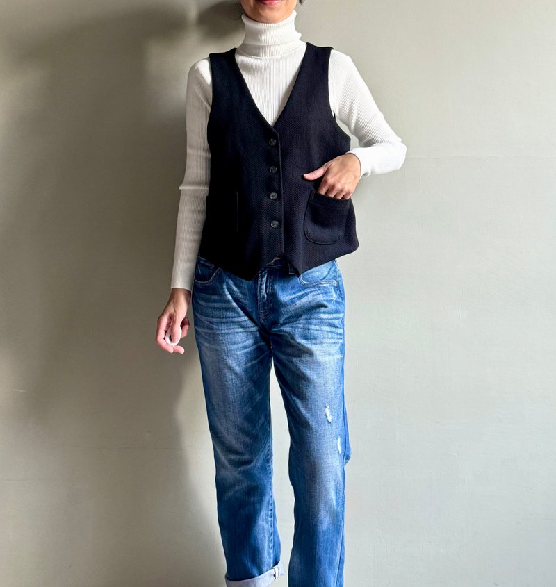 森林王子/黑色斜织隐约提花毛料V领小背心/马甲背心Wool - 女装背心 - 羊毛 黑色