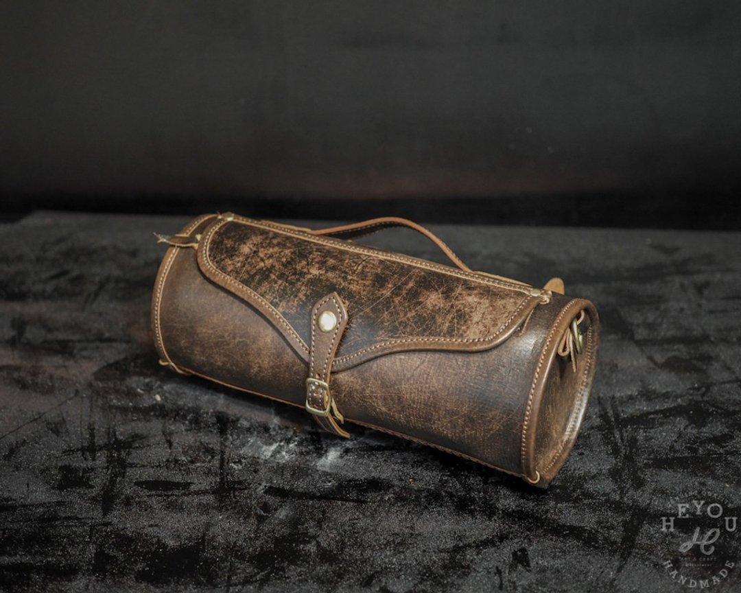 3-way Leather Drum Bag 手提/肩背/侧挂三用随身圆筒包茶芯仿旧 - 侧背包/斜挎包 - 真皮 多色