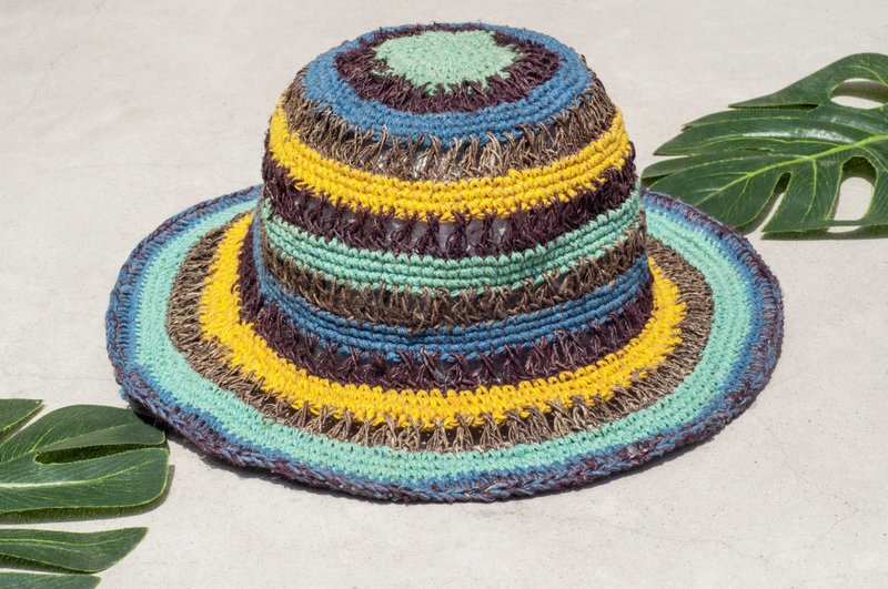 七夕礼物 限量一件 民族风拼接手织棉麻帽 / 渔夫帽 / 遮阳帽 / 拼布帽 / 手工帽 / 手工钩织帽 / 手工编织 / 绅士帽 - 西班牙童趣色系 条纹镂空 - 帽子 - 棉．麻 多色