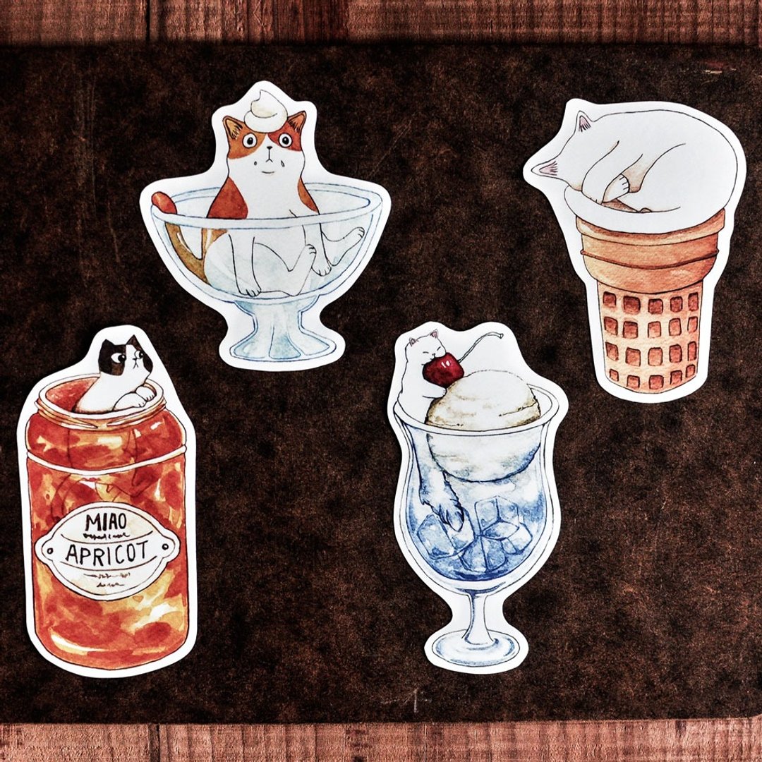 猫咪好食防水贴纸/杏桃果酱/偷吃猫/漂浮冰淇淋/甜筒-Sticker - 贴纸 - 纸 多色
