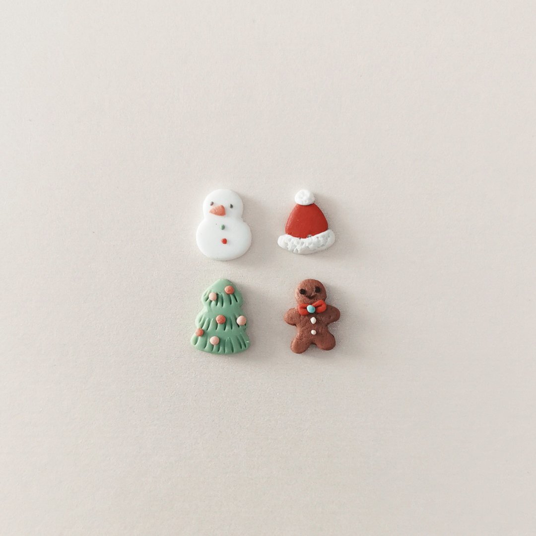 bi winter//圣诞树雪人姜饼人圣手工软陶小耳钉套装set of 4 - 耳环/耳夹 - 粘土 多色