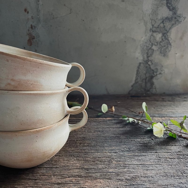 银白双耳汤碗 - 碗 - 陶 白色