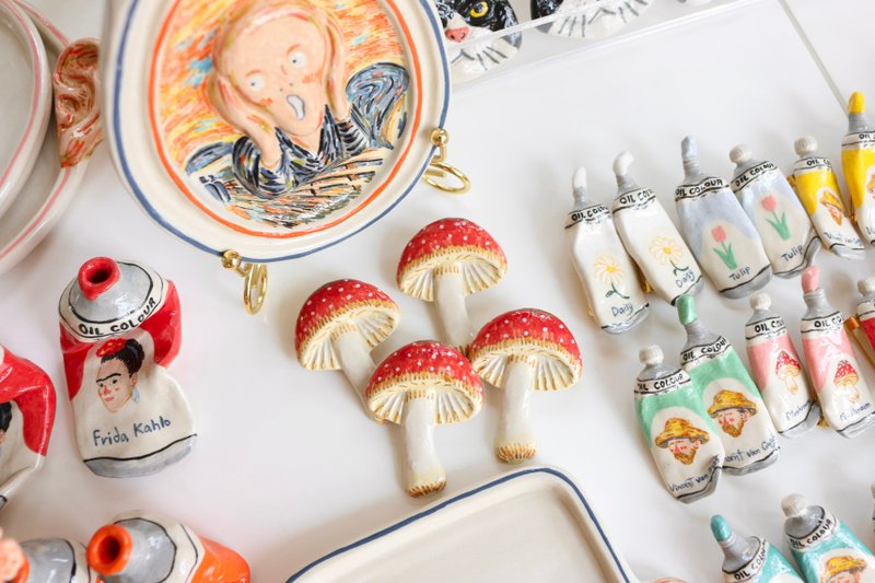 Ceramic Brooch Mushroom - 胸针 - 陶 红色