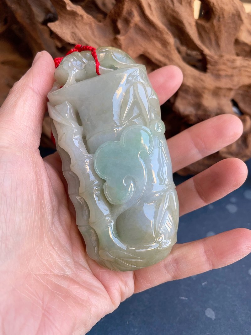 【咏蝉】天然缅甸翡翠-老种三彩竹节高升巧雕挂件 - 吊饰 - 玉石 黄色