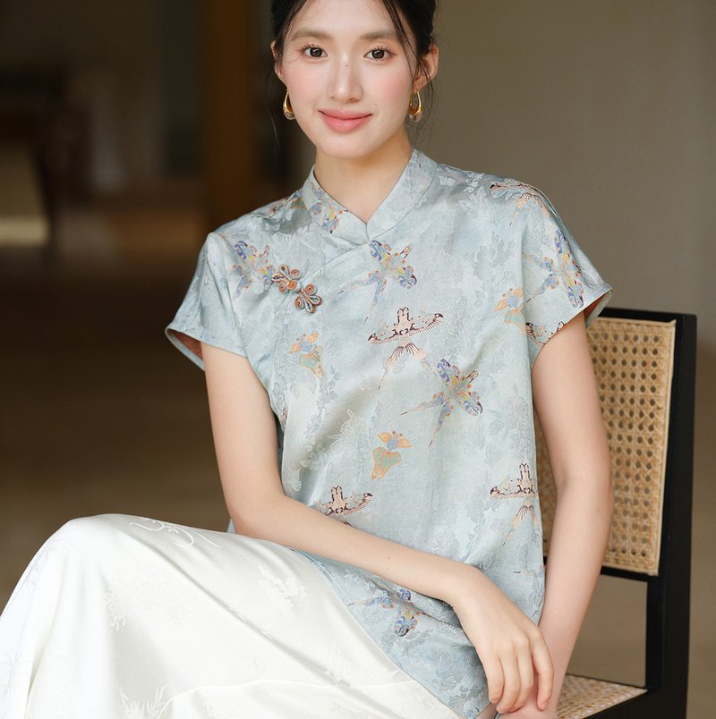 【人丝提花】新中式复古中国风 偏襟盘扣上衣/半裙 - 女装上衣 - 丝．绢 蓝色
