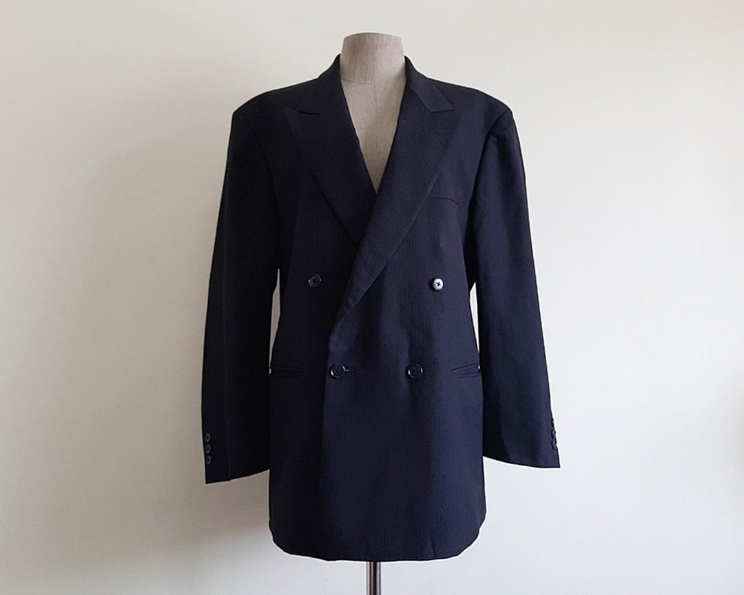 复古 Pierre Cardin 黑色细条纹西装外套 羊毛夹克 双排扣 XXL 2XL - 女装西装外套/风衣 - 其他材质 黑色
