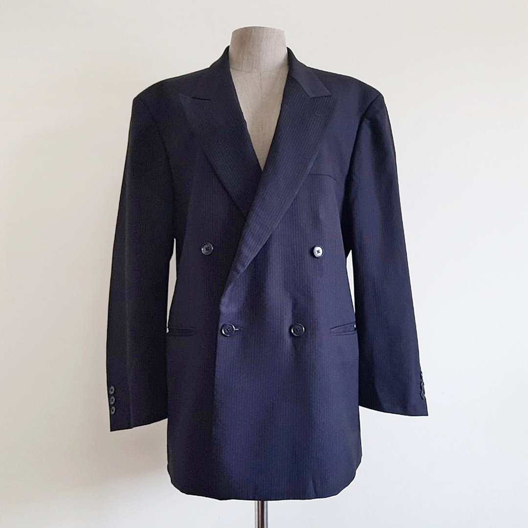 PIERRE CARDIN Vintage Black Wool Blazer Mens Pinstripe Shoulder Pad Jacket XXL - 女装西装外套/风衣 - 其他材质 黑色