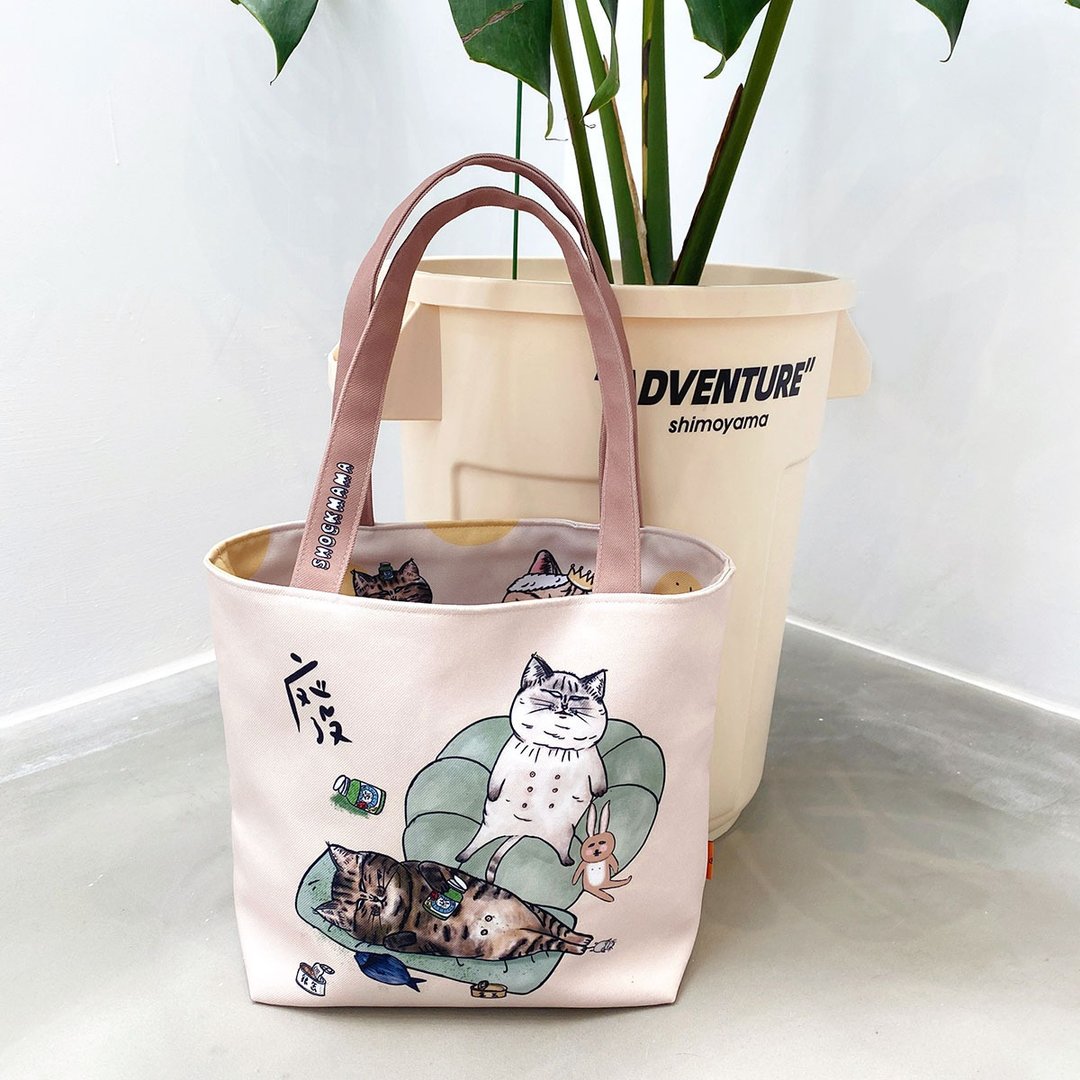 蛋定猫猫 双面托特包- 可翻面用 - 手提包/手提袋 - 聚酯纤维 卡其色