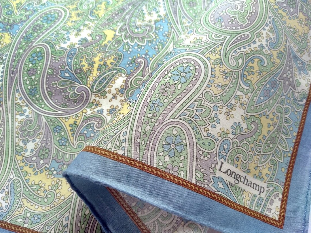 Longchamp Vintage Handkerchief Pocket Square Paisley 21 x 21 inches - 丝巾 - 棉 绿色