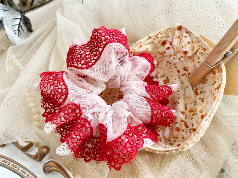 法式刺绣蕾丝大肠圈/ 发圈 大肠发圈 发束 发绳 发饰 头饰 礼物 - 发饰 - 其他材质 红色