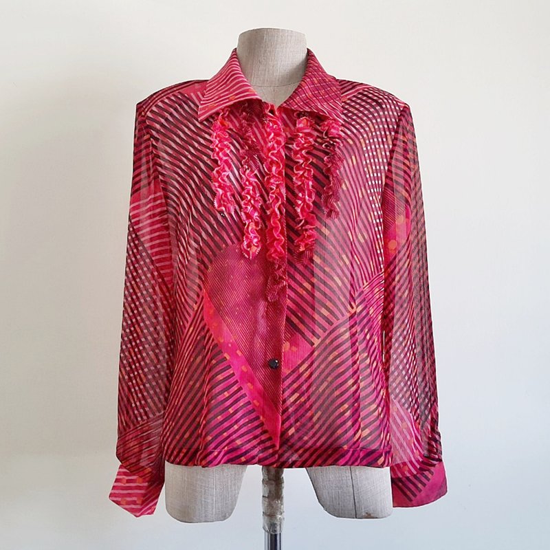 复古黑粉条纹雪纺荷叶边衬衫 M 号 - 女装上衣 - 聚酯纤维 粉红色