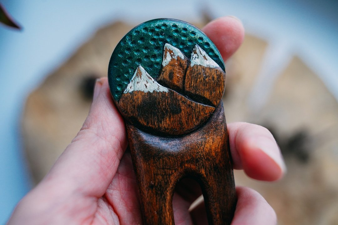 Wood hair fork mountains, wooden hair pin for long hair, hair accessory - 发饰 - 木头 蓝色