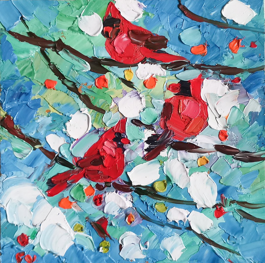 Cardinal Painting Original Art Bird Painting Oil Painting Small Painting by Vera - 海报/装饰画/版画 - 其他材质 红色