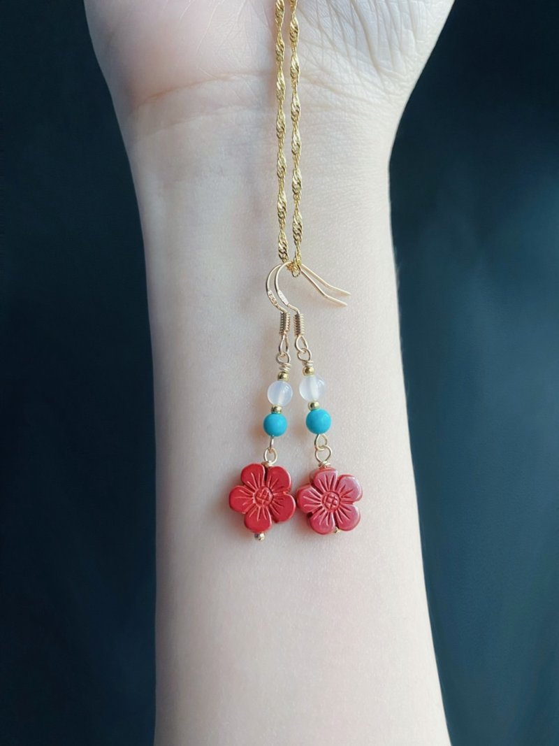 朱砂 有钱花 绿松石 玉随 防小人 设计款 耳勾 耳夹 礼物 - 耳环/耳夹 - 水晶 红色