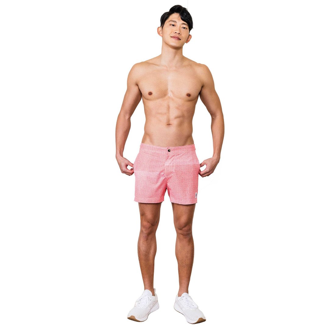 ST10-短版印花海滩裤/ 迷格红 Stonewashed maze pattern - 男士短裤 - 聚酯纤维 多色