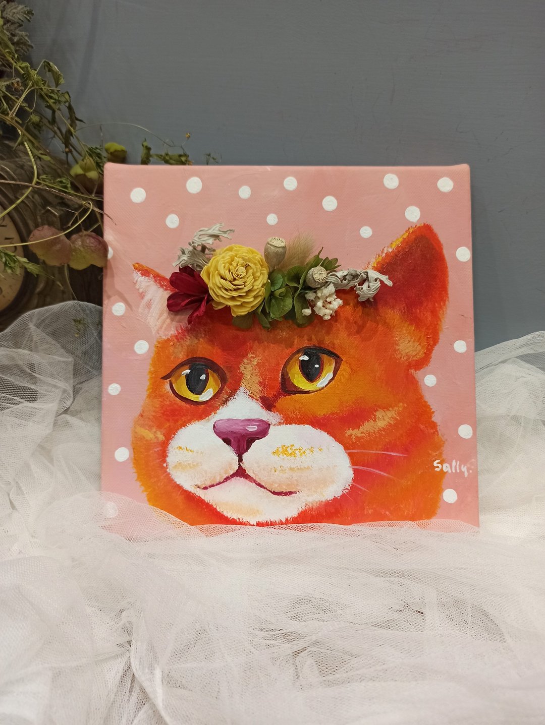 压克力彩绘 橘猫与花 新年 礼物 干燥花 永生花 - 插画/绘画/写字 - 棉 