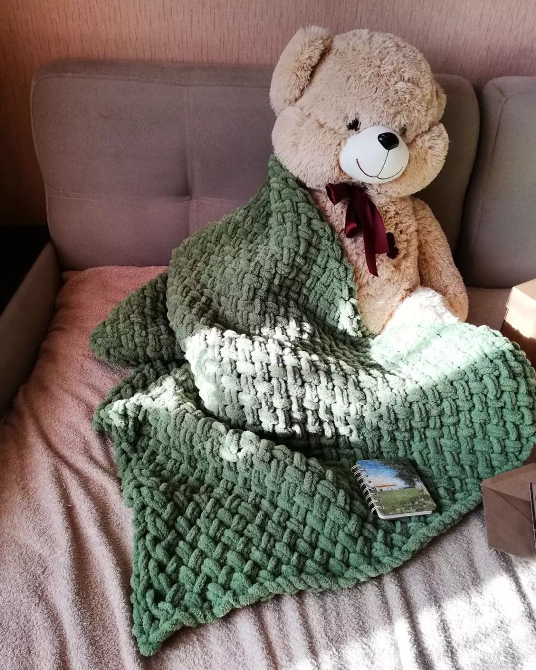 Chunky knit seed Waffle stitch throw Wedding gift Minimalist throw blanket - 被子/毛毯 - 聚酯纤维 绿色