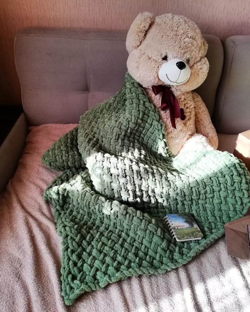 Chunky knit seed Waffle stitch throw Wedding gift Minimalist throw blanket - 被子/毛毯 - 聚酯纤维 绿色