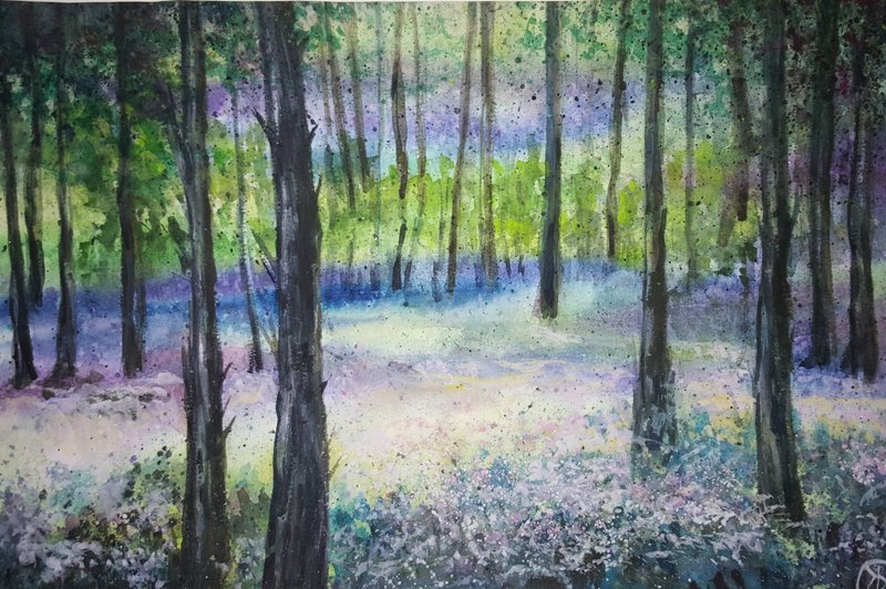 Forest Magic Watercolor Original Painting Artwork Morning Forest Landscape - 海报/装饰画/版画 - 纸 多色