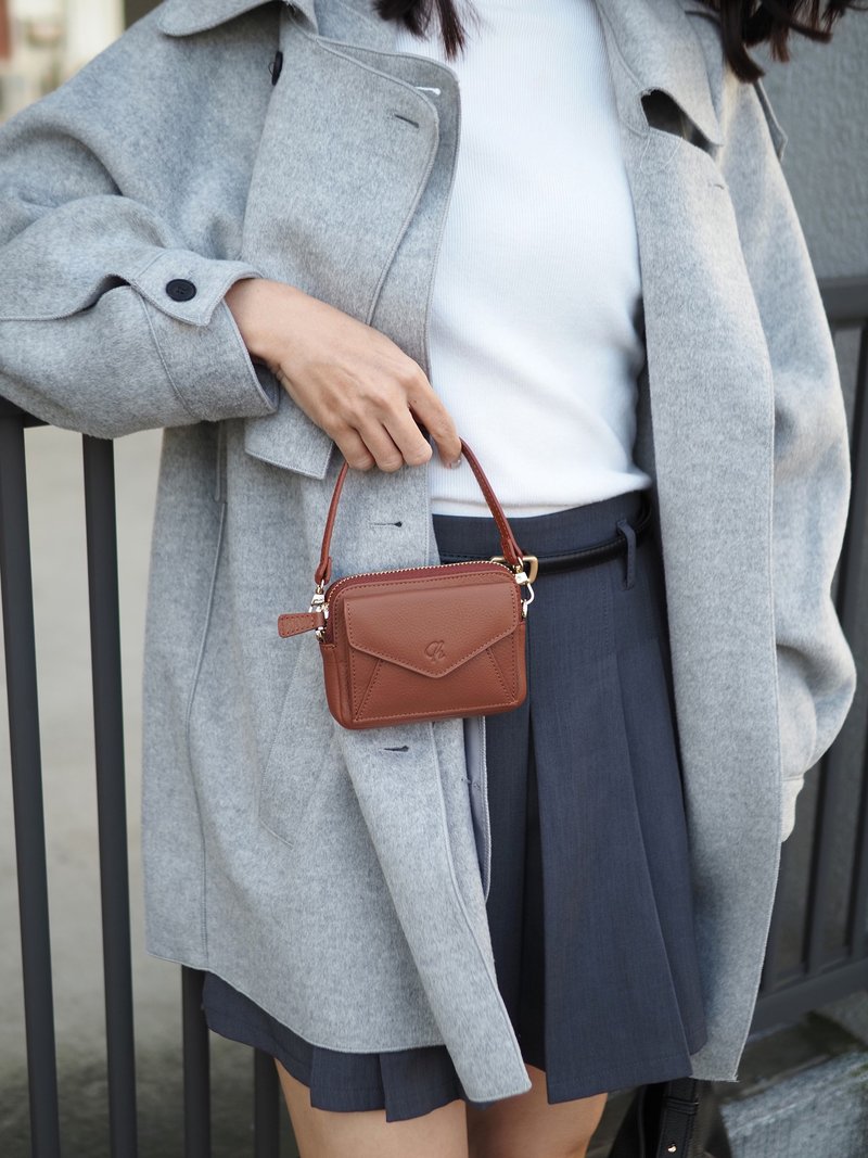 Valen（铜色）：迷你皮夹、短皮夹、牛皮、棕橙色、拉链袋 - 皮夹/钱包 - 真皮 咖啡色