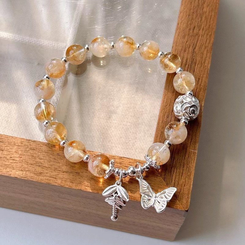 天然蜂蜜奶盖单圈手链 925纯银麦穗蝴蝶镂空球 黄阿塞手链 纯银 - 手链/手环 - 水晶 