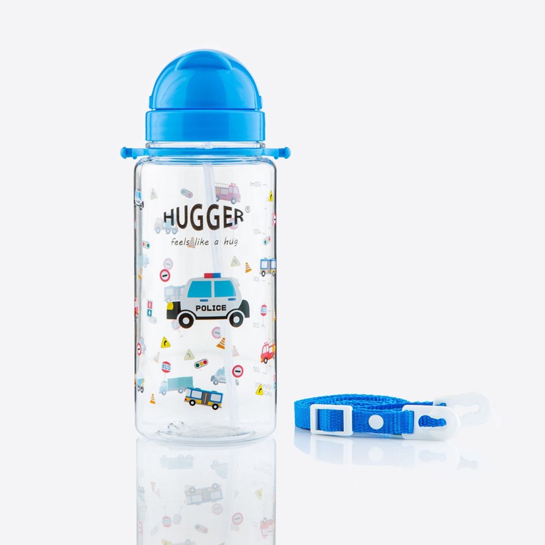 HUGGER 儿童吸管水壶550ml Tritan 附背带可拆 汽车/警车/消防车 - 儿童餐具/餐盘 - 其他材质 蓝色