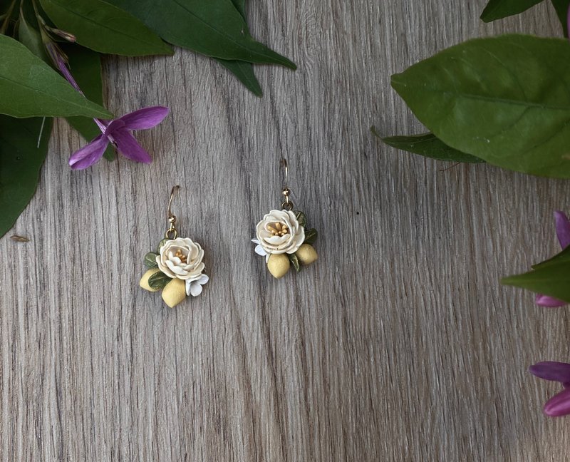 盛夏柠檬 黄柠檬 黄铜耳钩式 - 耳环/耳夹 - 陶 黄色