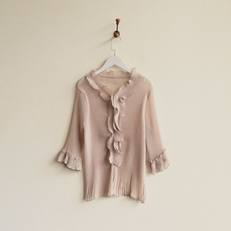 【NaSuBi Vintage】荷叶缀饰压褶纱质古着上衣 - 女装衬衫 - 其他人造纤维 