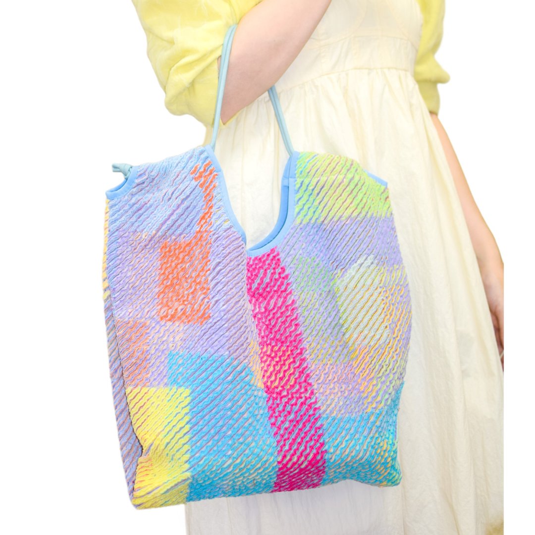 Mokke Mokke 附衬垫大托特包 Pastel Blue 斜纹拼布 - 手提包/手提袋 - 棉 蓝色