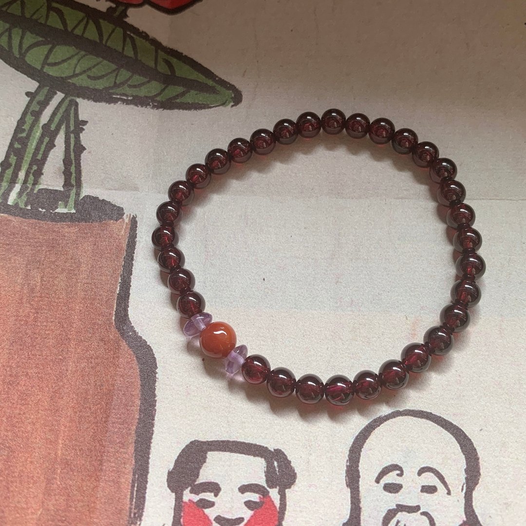 拾歌。天然南红石榴石紫水晶手链 民族风禅意健康辟邪平安复古风 - 手链/手环 - 水晶 多色
