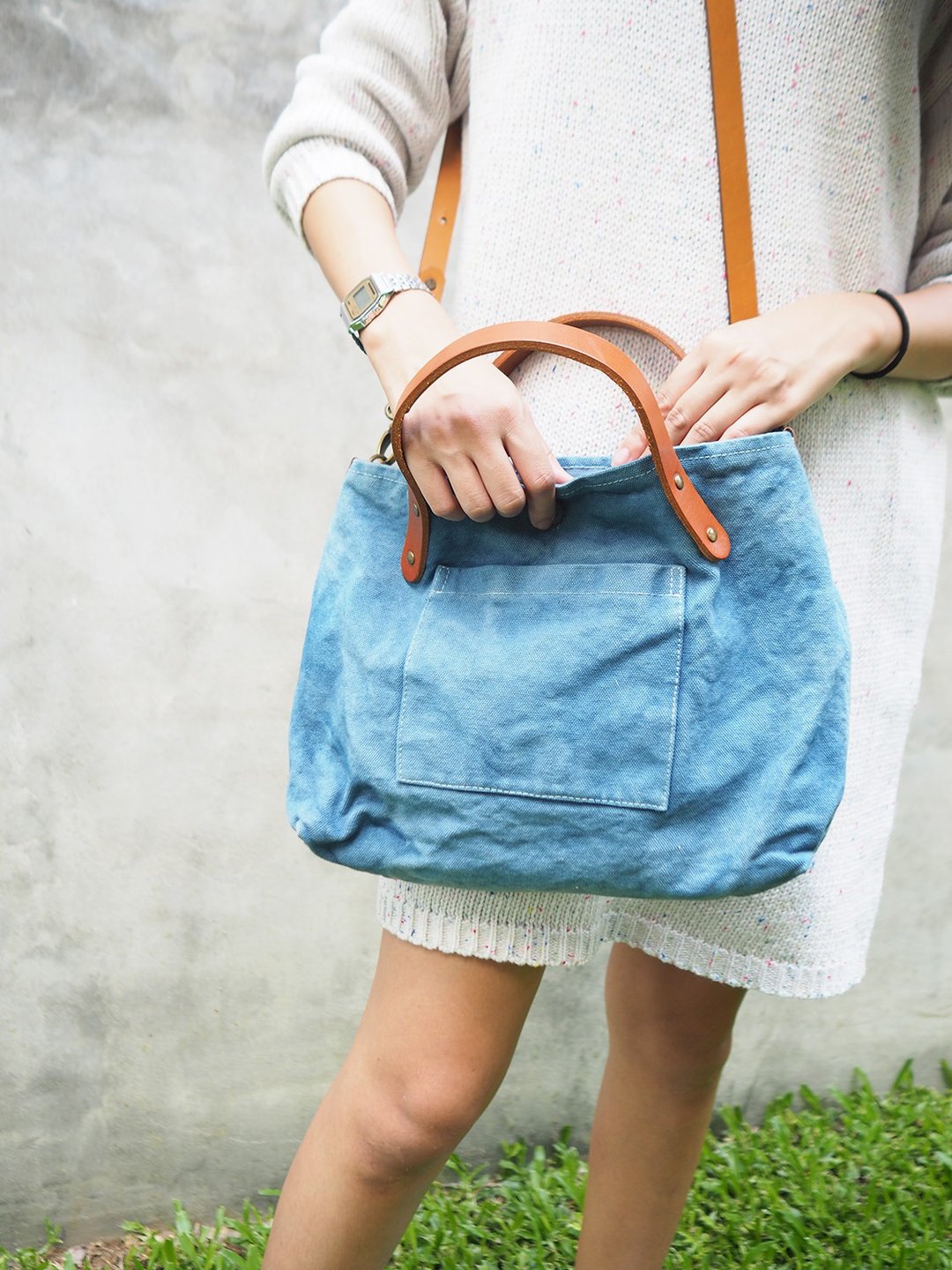 Indigo Rectangle Dyed Canvas Shoulder, Canvas shoulder bag, Cross body handbag - 其他 - 棉．麻 蓝色