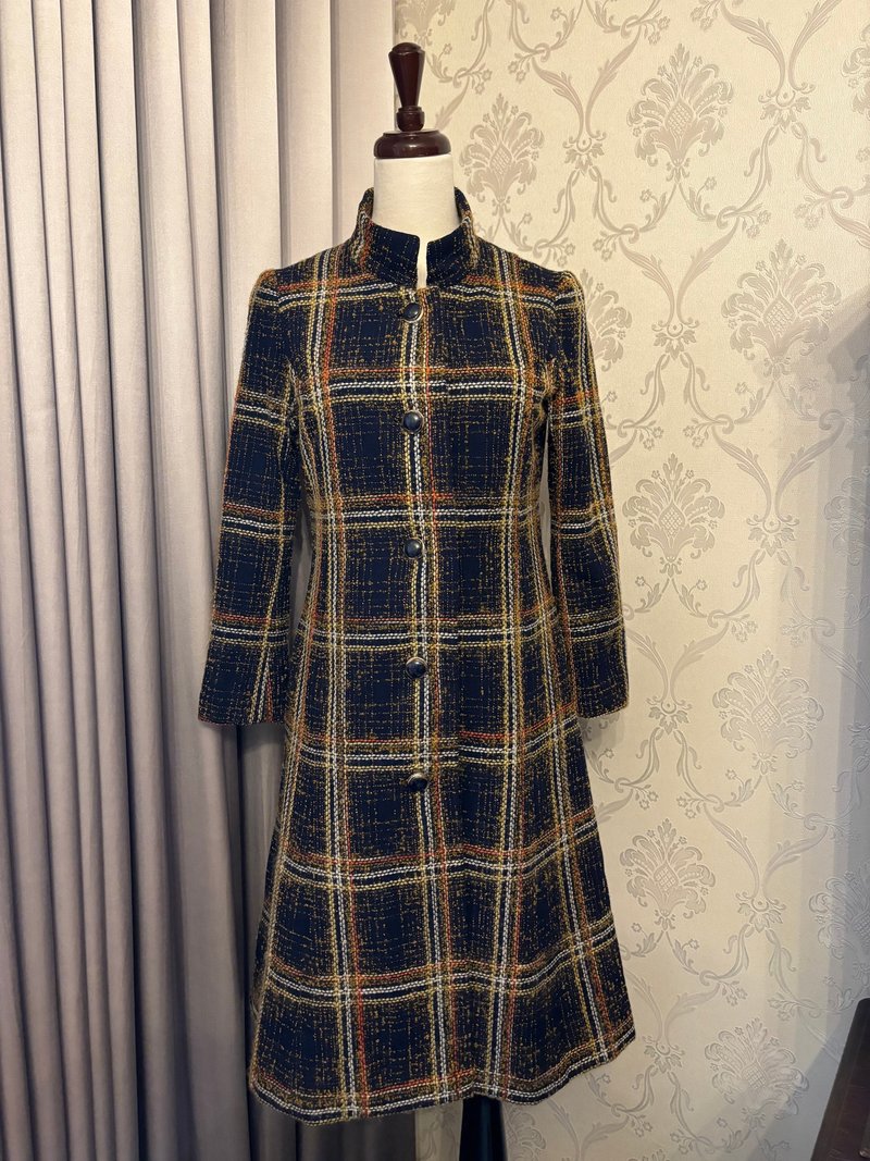 小版型深蓝格纹立领毛呢修身古着大衣私人订制 - 女装休闲/机能外套 - 羊毛 蓝色