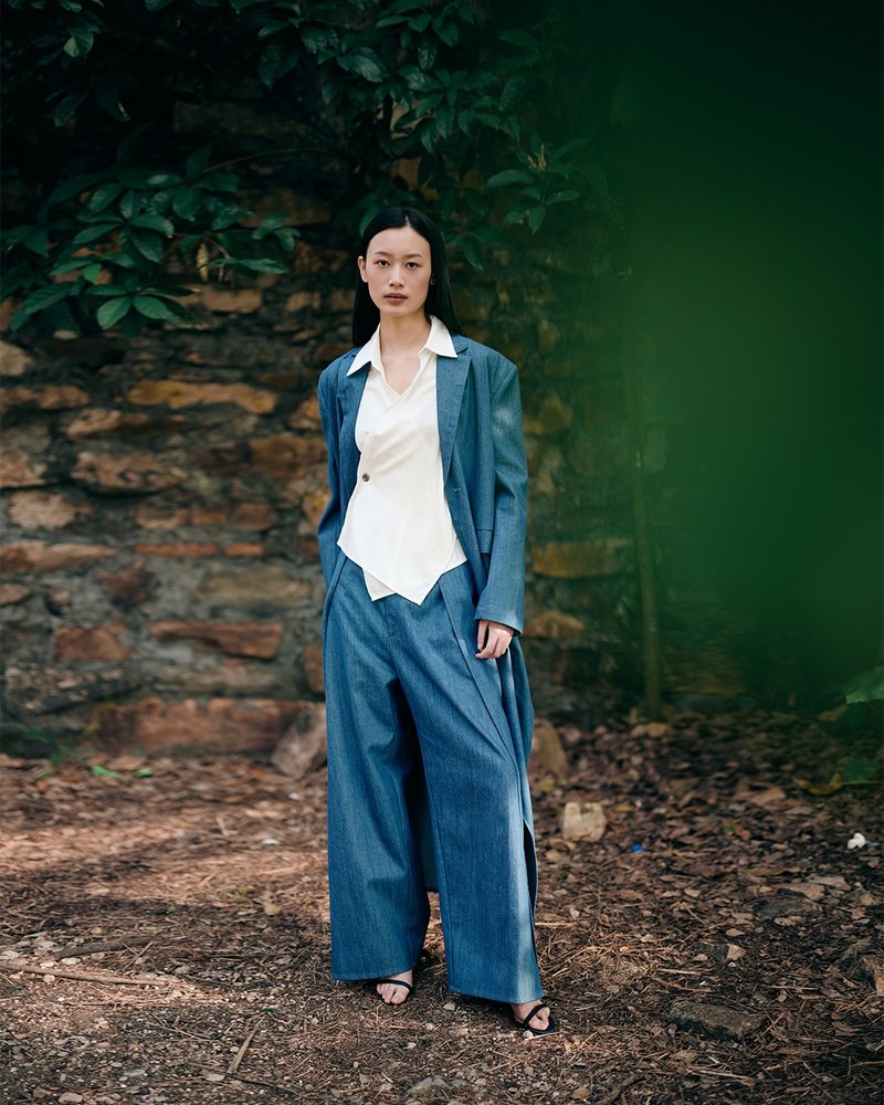 两侧互搭开叉牛仔裤 - 女装长裤 - 棉．麻 蓝色