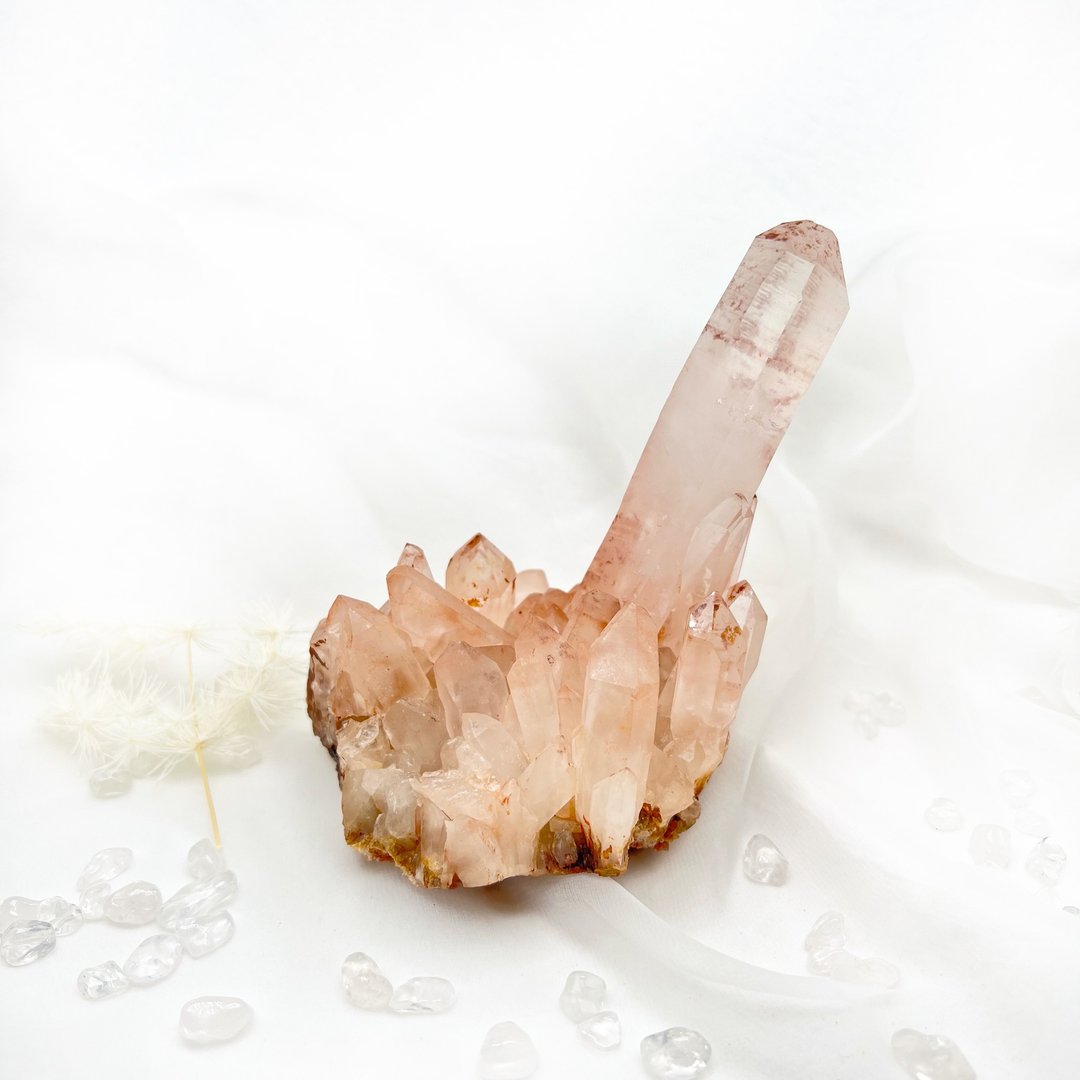 稀有 橘子水晶 冰透粉红皮赤铁矿骨干晶簇 - 摆饰 - 水晶 粉红色
