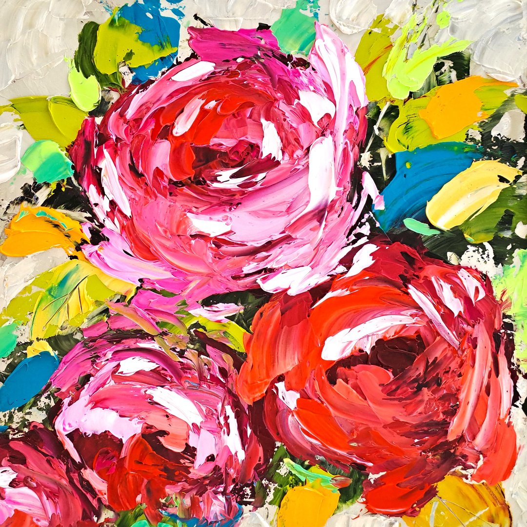 Rose Painting Floral Original Art Roses Impasto Oil Painting Flower Small Art - 海报/装饰画/版画 - 其他材质 多色