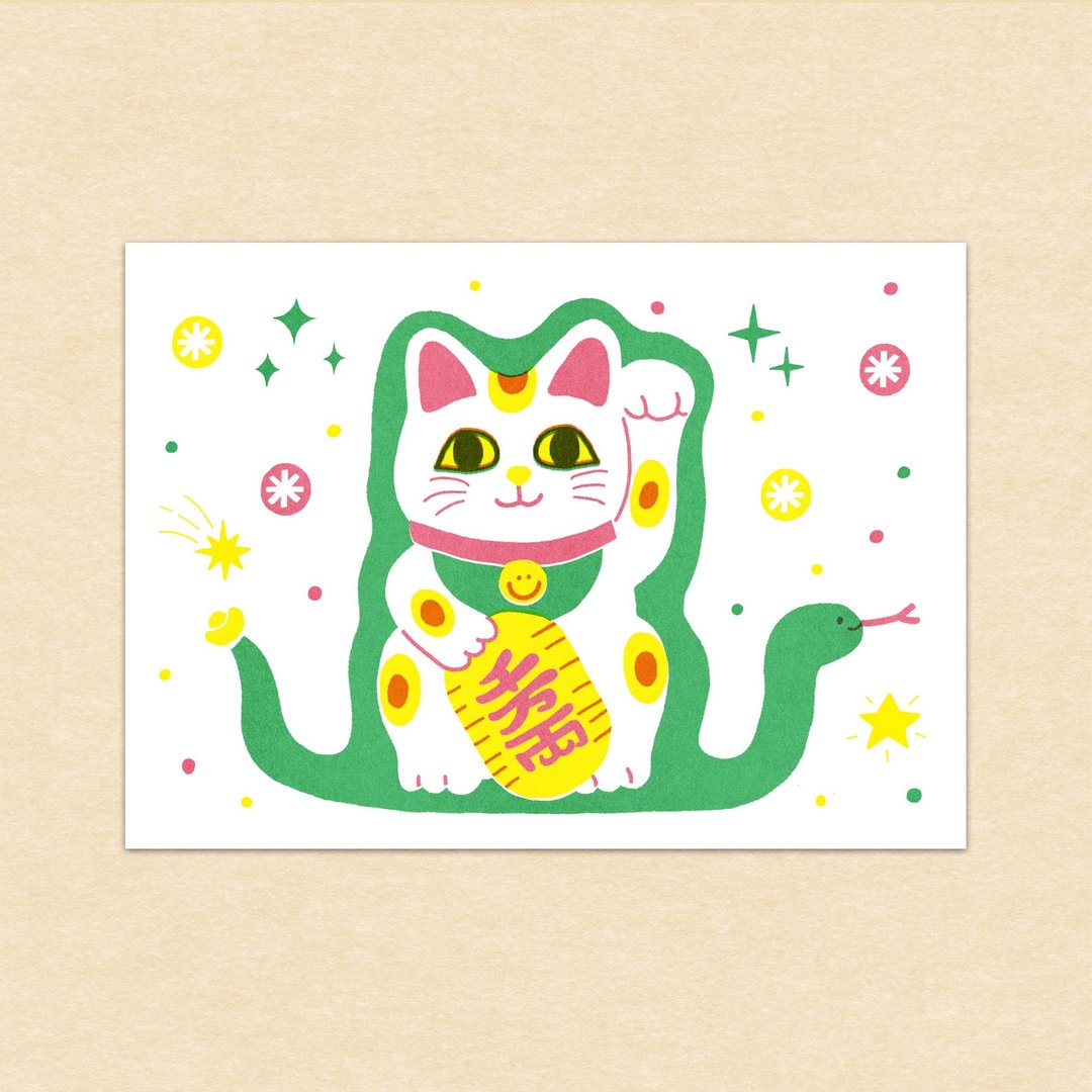 招财猫/萤光绿/孔版印刷明信片/春节贺卡 - 卡片/明信片 - 纸 多色