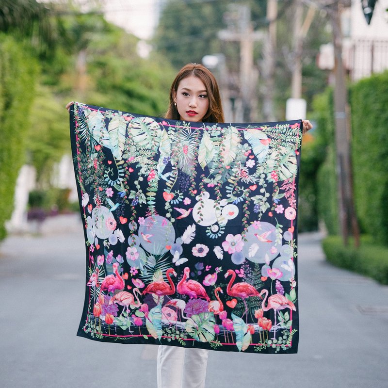 爱鸟系列 - (黑色)浪漫红鹤丝巾／围巾（Love birds - Romantic Flamingo Scarf in Black colour） - 丝巾 - 其他材质 黑色